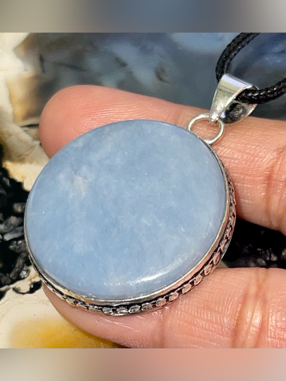 Round Blue Anhydrite Angelite Pendant 1 7/8”